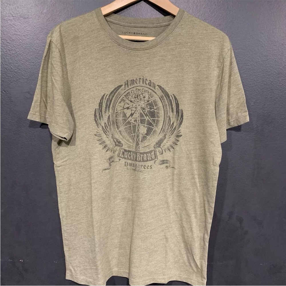 2000s Lucky Brand T Shirt Mens Size Med Green Dungarees Crew Neck Short Sleeve